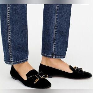 J. Crew Black Velvet Flats with Gold Accents & Topped with a Bow, size 9.